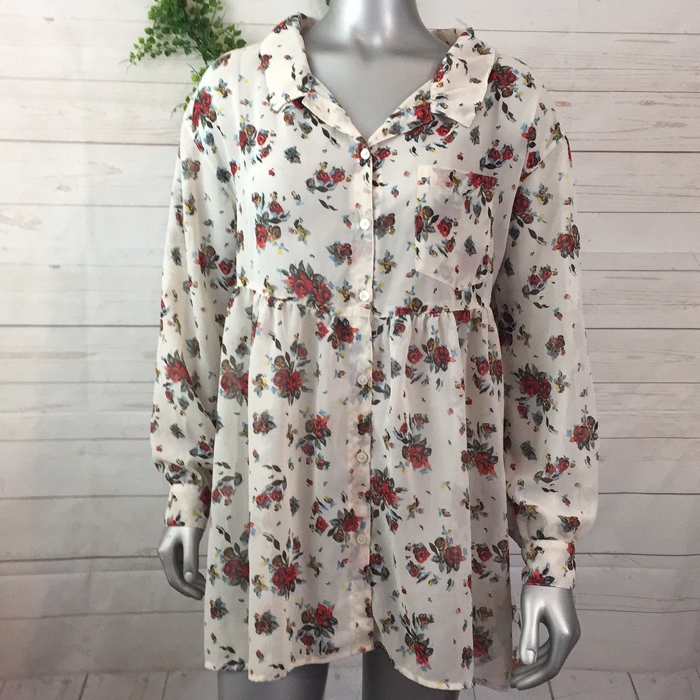 Free People XS Sheer Floral Tunic Long sleeve Top Cottagecore Romantic